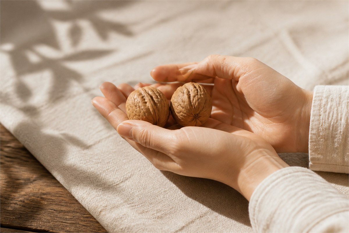 Clean adult hands gently holding a matched pair of ridged Wenwan walnuts