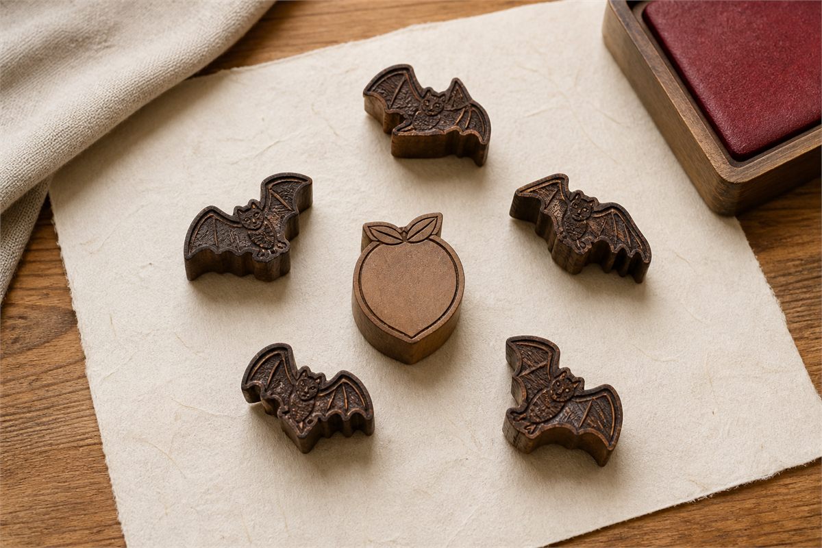 Five carved wooden bat printing blocks arranged around one peach-shaped block on handmade paper