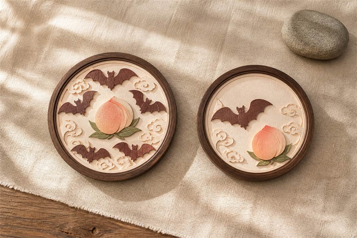 Two framed paper reliefs showing five bats around a peach and one bat beside a peach