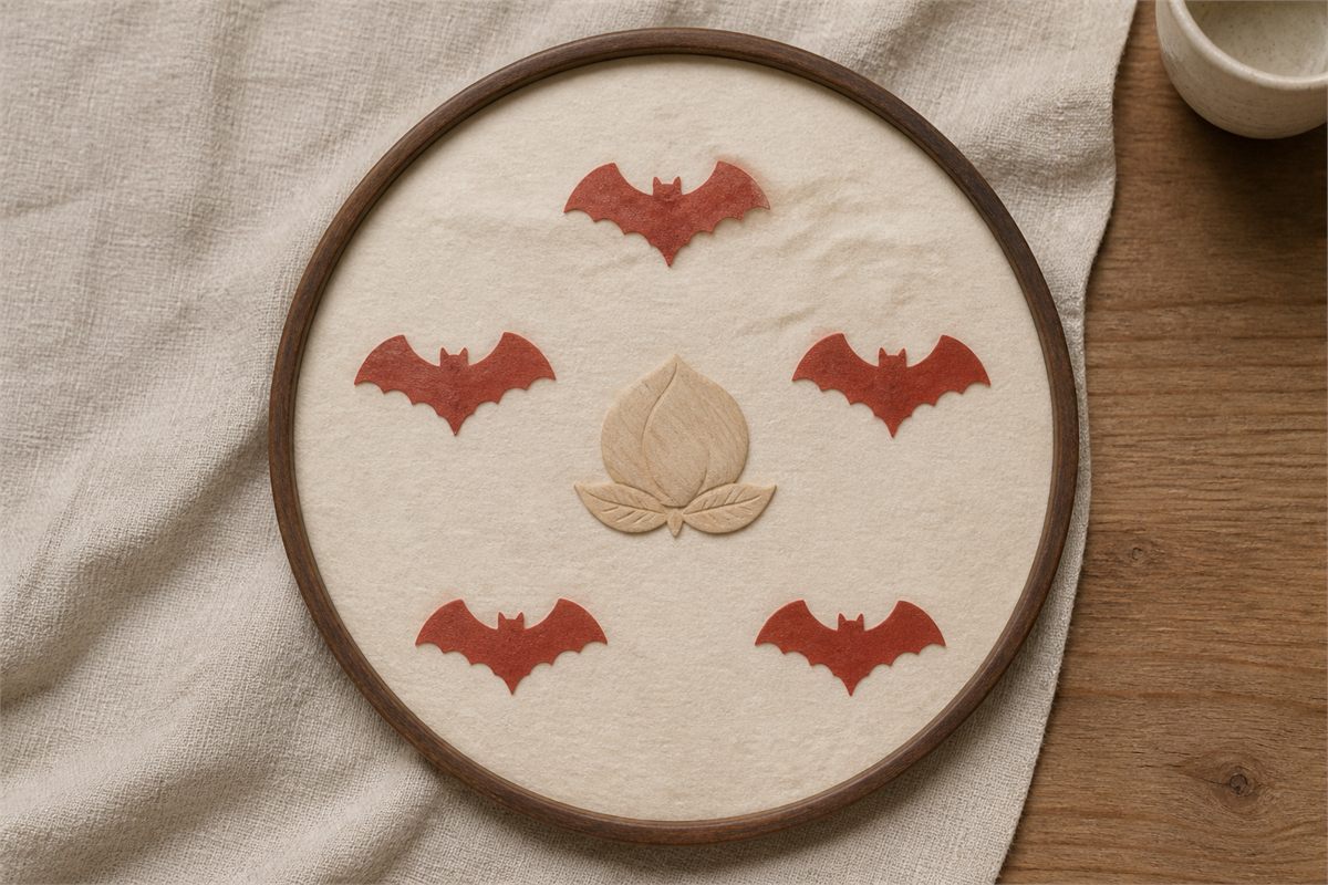 Five red paper bat silhouettes arranged around a pale wood peach emblem in a round walnut frame