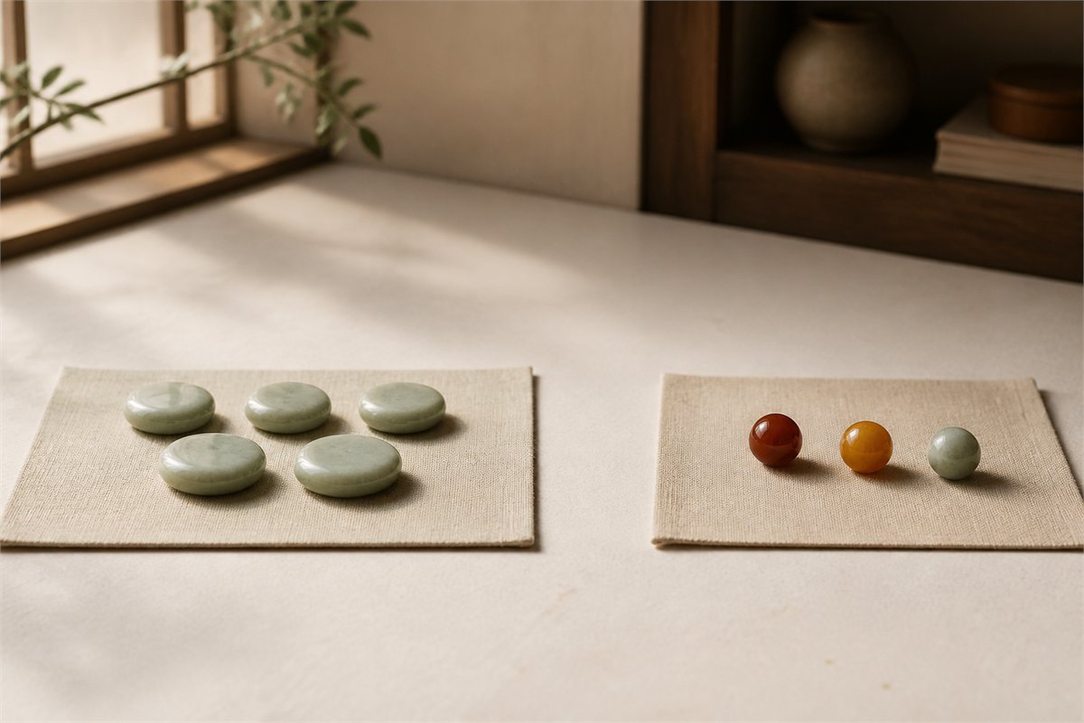 Five plain celadon tokens and three colored beads arranged as two separate groups