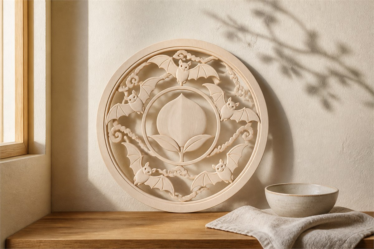 Pale wood circular panel with five carved bats surrounding a central peach emblem in warm window light
