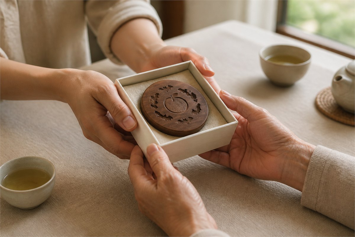 Adult hands presenting a boxed wooden five-bat peach keepsake to older hands at a tea table