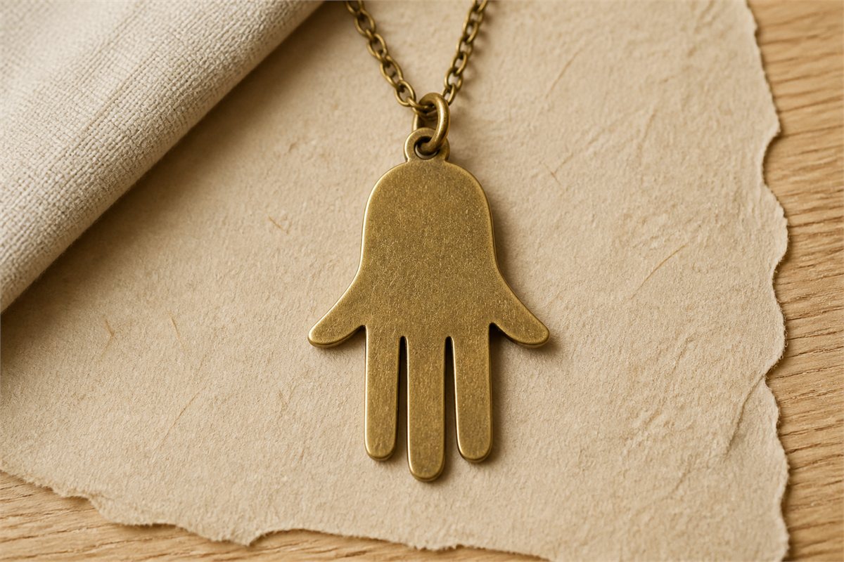 Matte brass Hamsa pendant with five clearly formed fingers on handmade paper