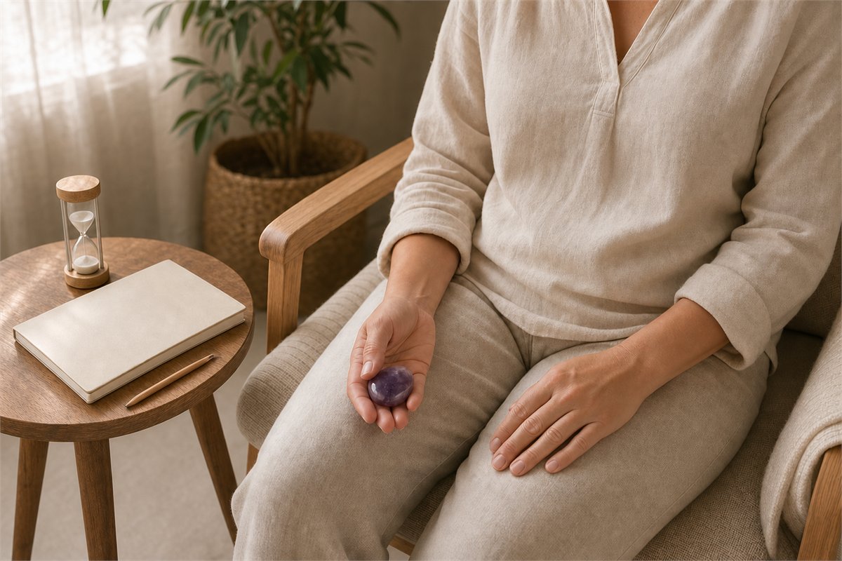 Seated person holding a small amethyst loosely above their lap beside a blank journal and simple timer