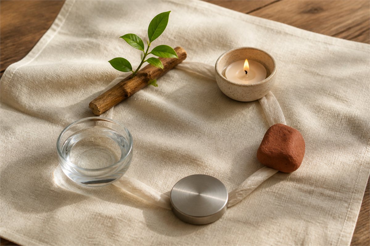 Wood, flame, clay, metal, and water arranged in a connected circle on ivory linen.