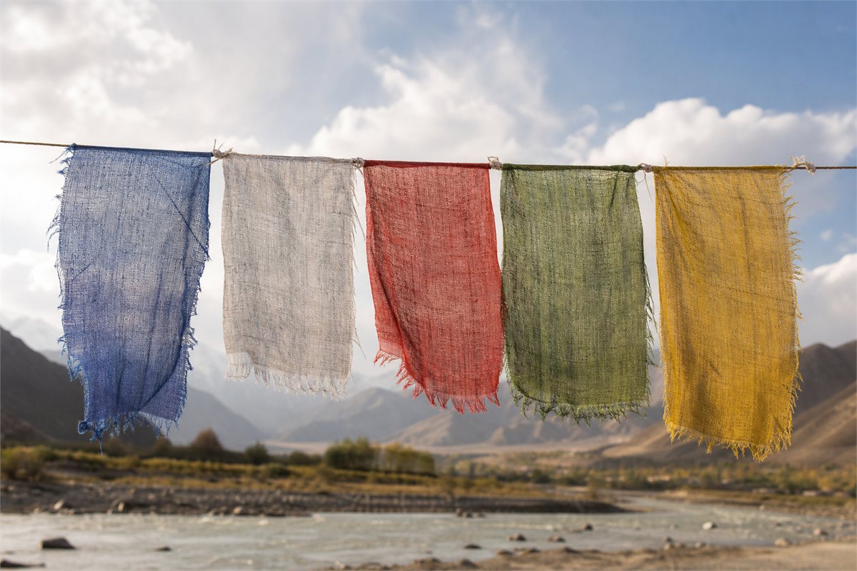 Blue, white, red, green and yellow woven cloth flags above a highland river
