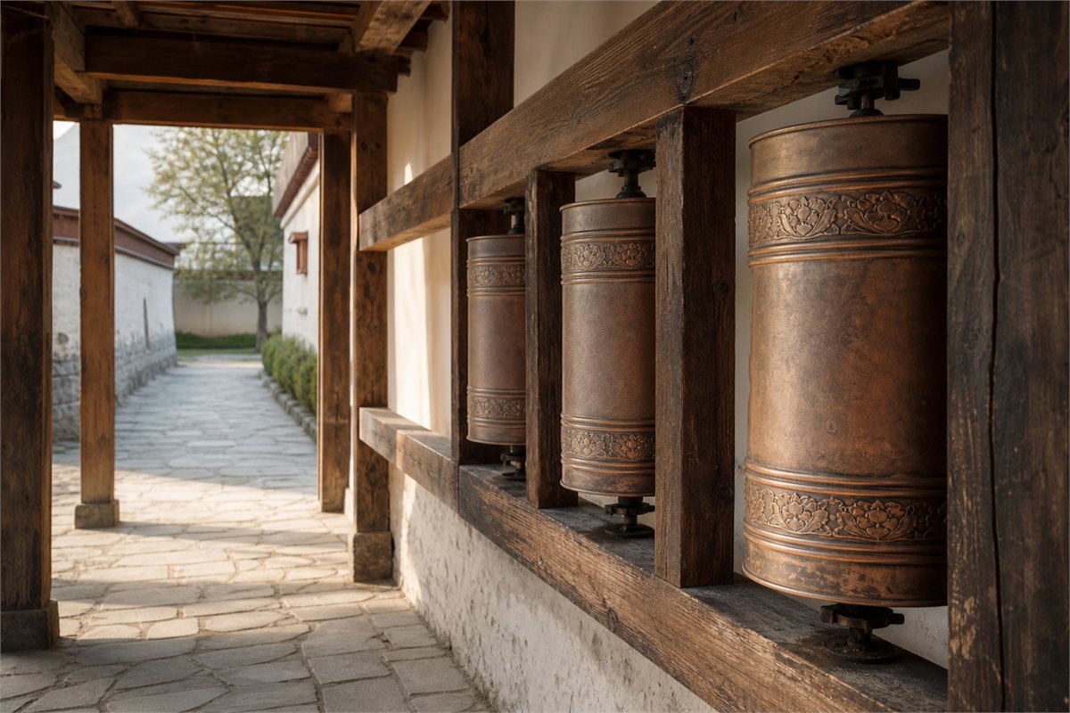 Empty monastery corridor with fixed copper prayer wheels mounted in a timber frame