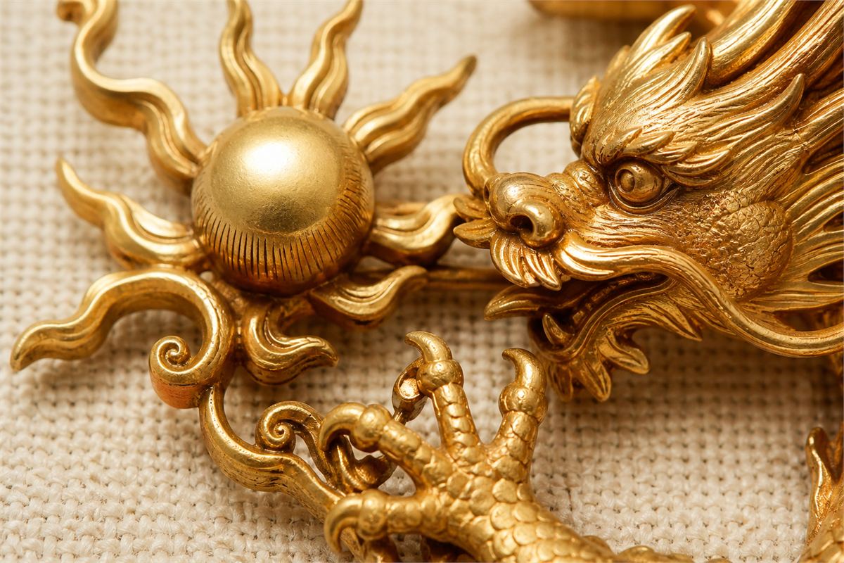 Close view of gold dragon metalwork facing a round pearl with flame-shaped rays