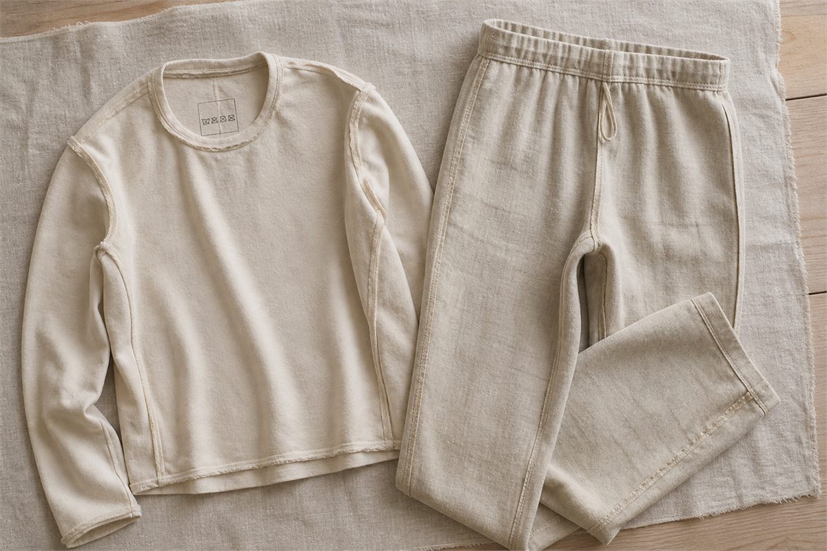 Inside view of neutral meditation garments showing smooth seams and a soft care label