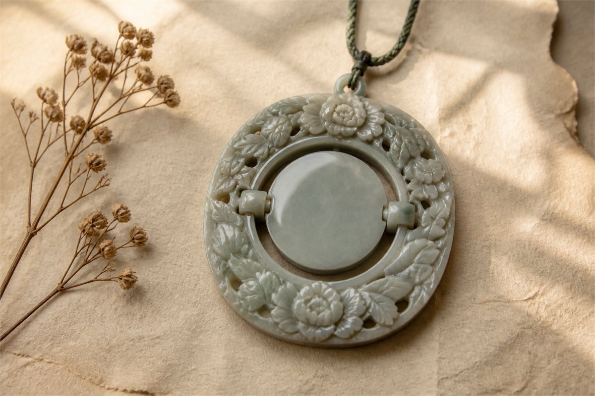 Pale floral openwork pendant surrounding a plain movable center disc