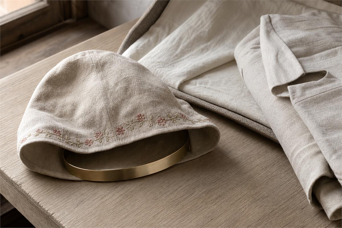 An empty flower-trimmed cloth cap partly covering a plain metal fillet beside folded travel clothing