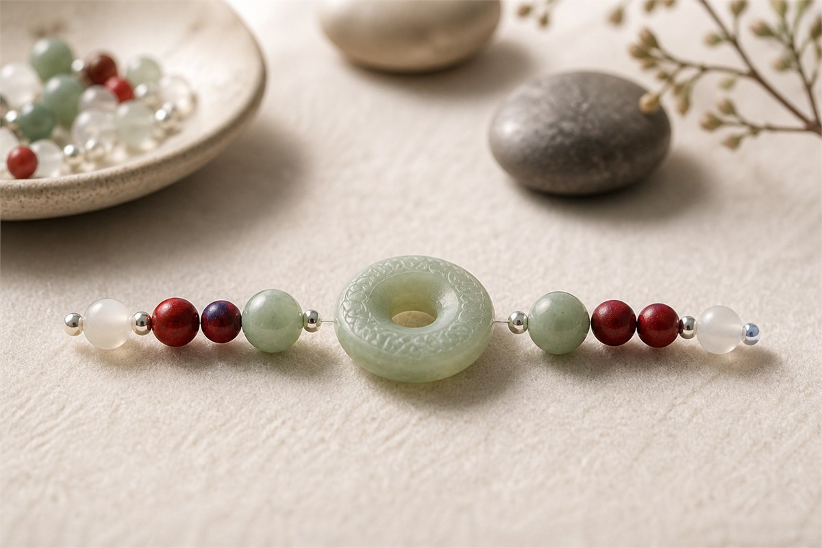 Carved jade focal bead aligned with smaller supporting beads and silver spacers