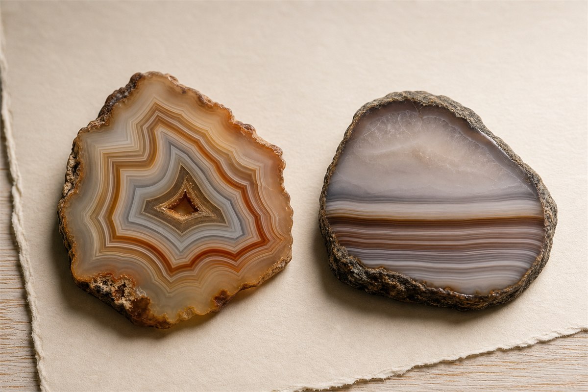 Two polished agate slices showing angular fortification bands and level waterline bands in natural earth colors