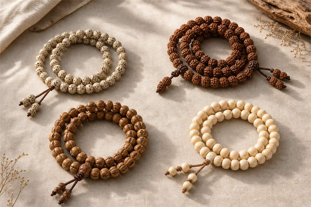 Four separate strands of Xingyue, Jingang, Fengyan, and pale Bodhi Root beads