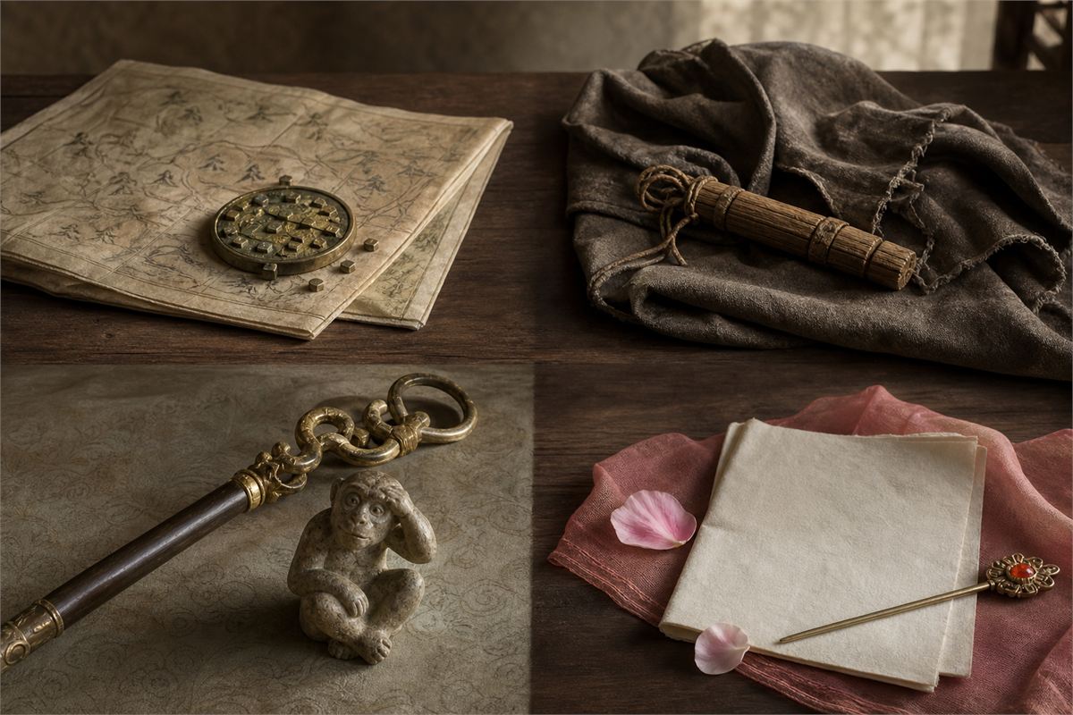 Four separate still-life groupings evoke strategy, fellowship, pilgrimage, and family poetry