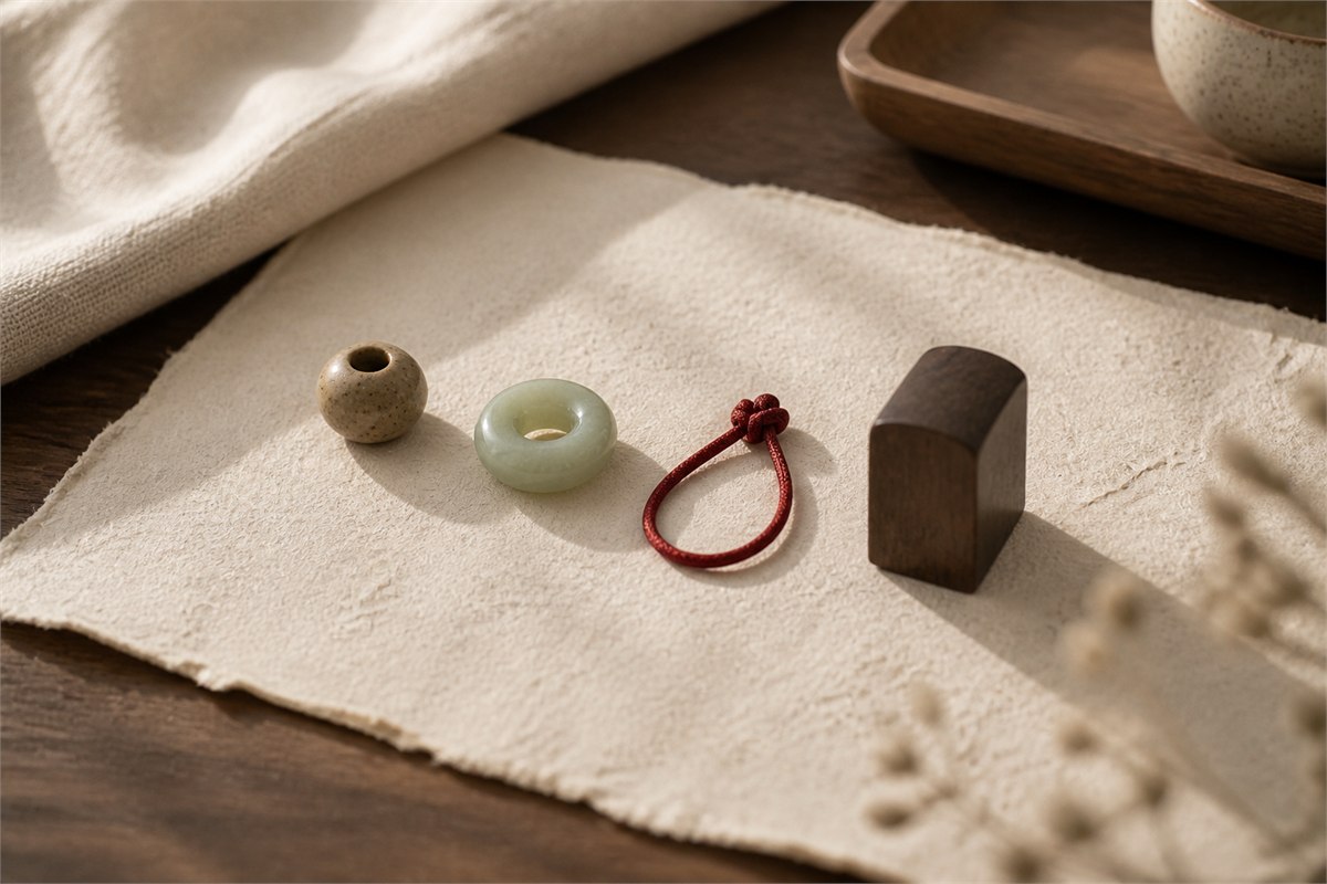 Four small tactile objects arranged in a row on handmade cream paper