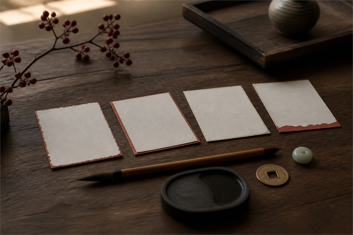 Four blank handmade paper cards beside a brush, inkstone, coin-shaped charm, and jade bead