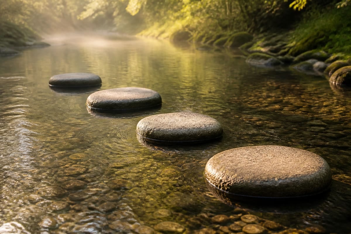 Four smooth stepping stones crossing a shallow clear stream