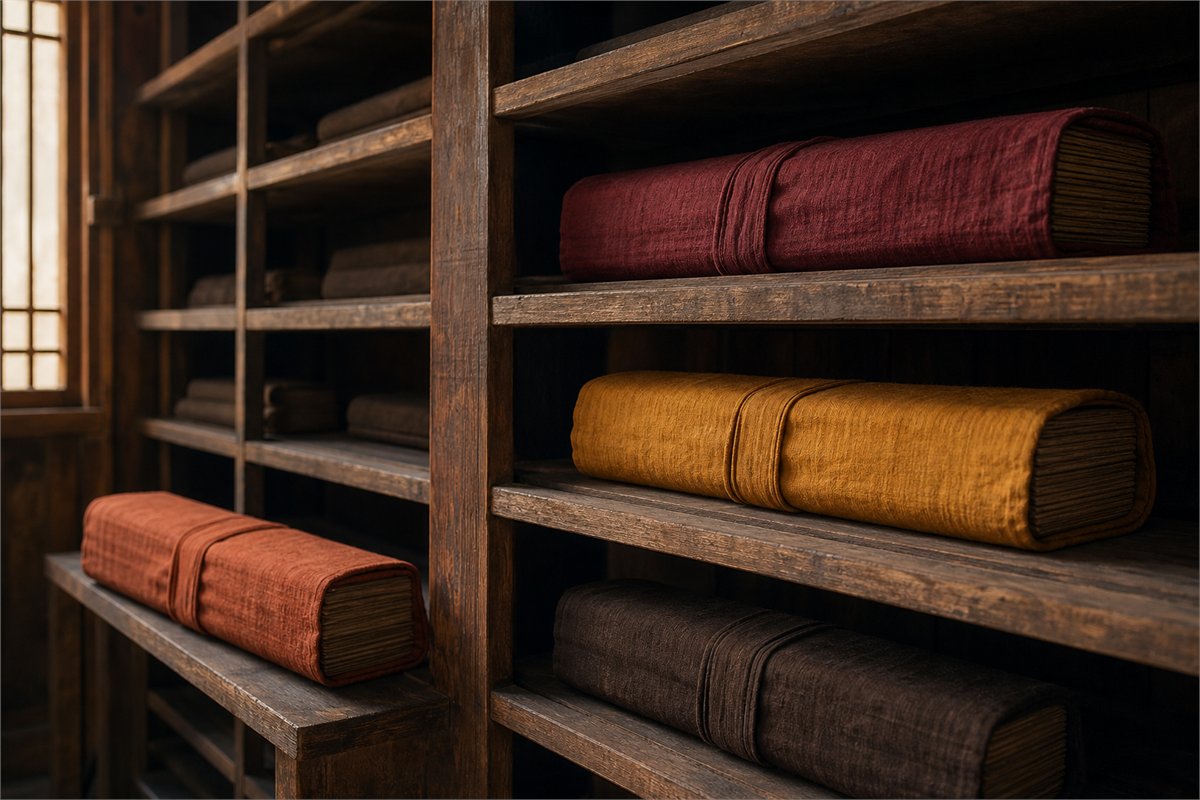 Four closed cloth-wrapped manuscript sets in burgundy, ochre, rust, and brown on wooden library shelves