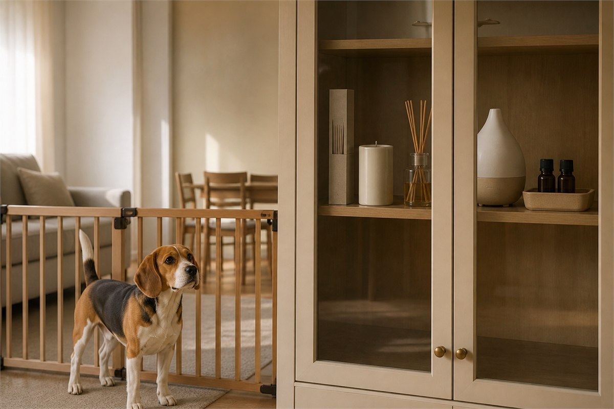 Beagle behind a baby gate while fragrance products remain secured in a closed cabinet