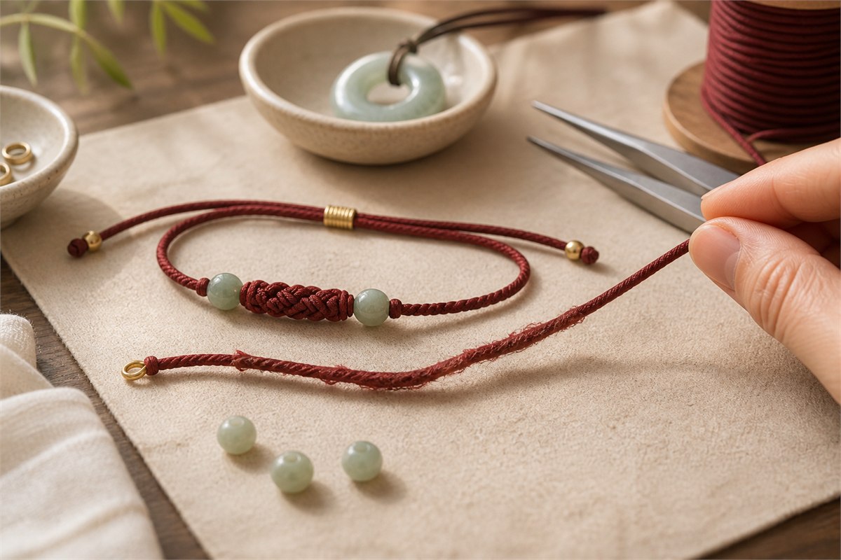 Healthy bracelet cord beside a removed frayed cord and restringing tools