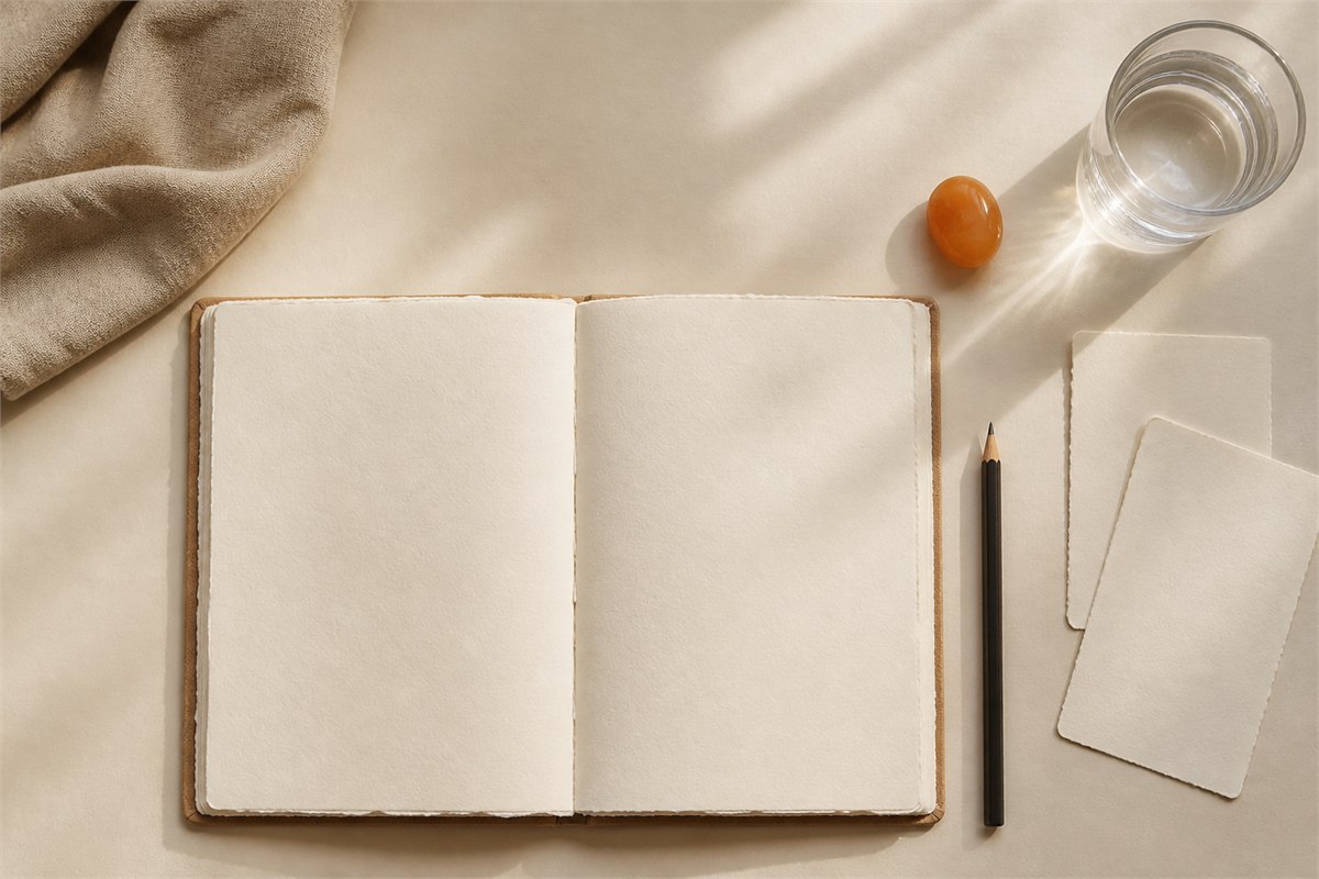 Blank journal and reflection cards beside a pencil, orange carnelian stone, linen, and a glass of water
