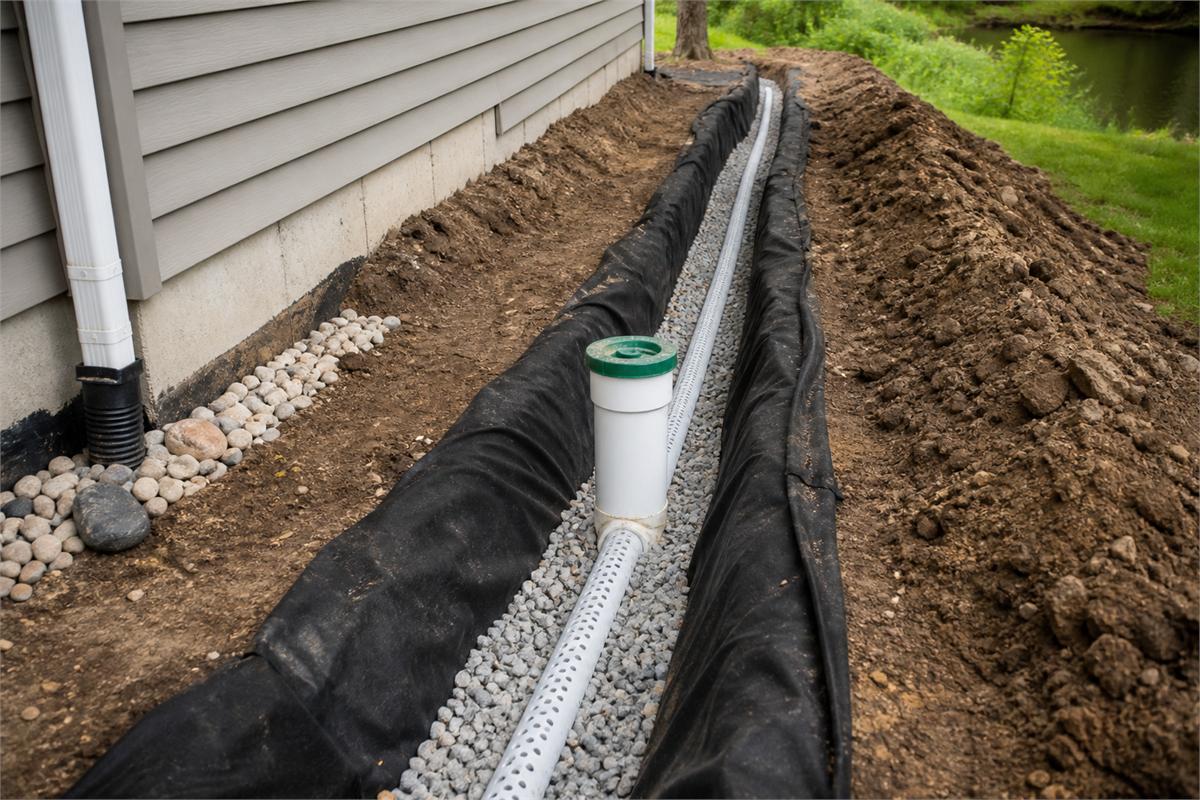 Perforated drain pipe set in clean aggregate with filter fabric and a cleanout