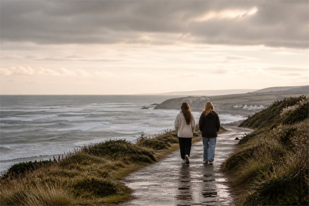 Two young friends walking side by side on a coastal path after rain