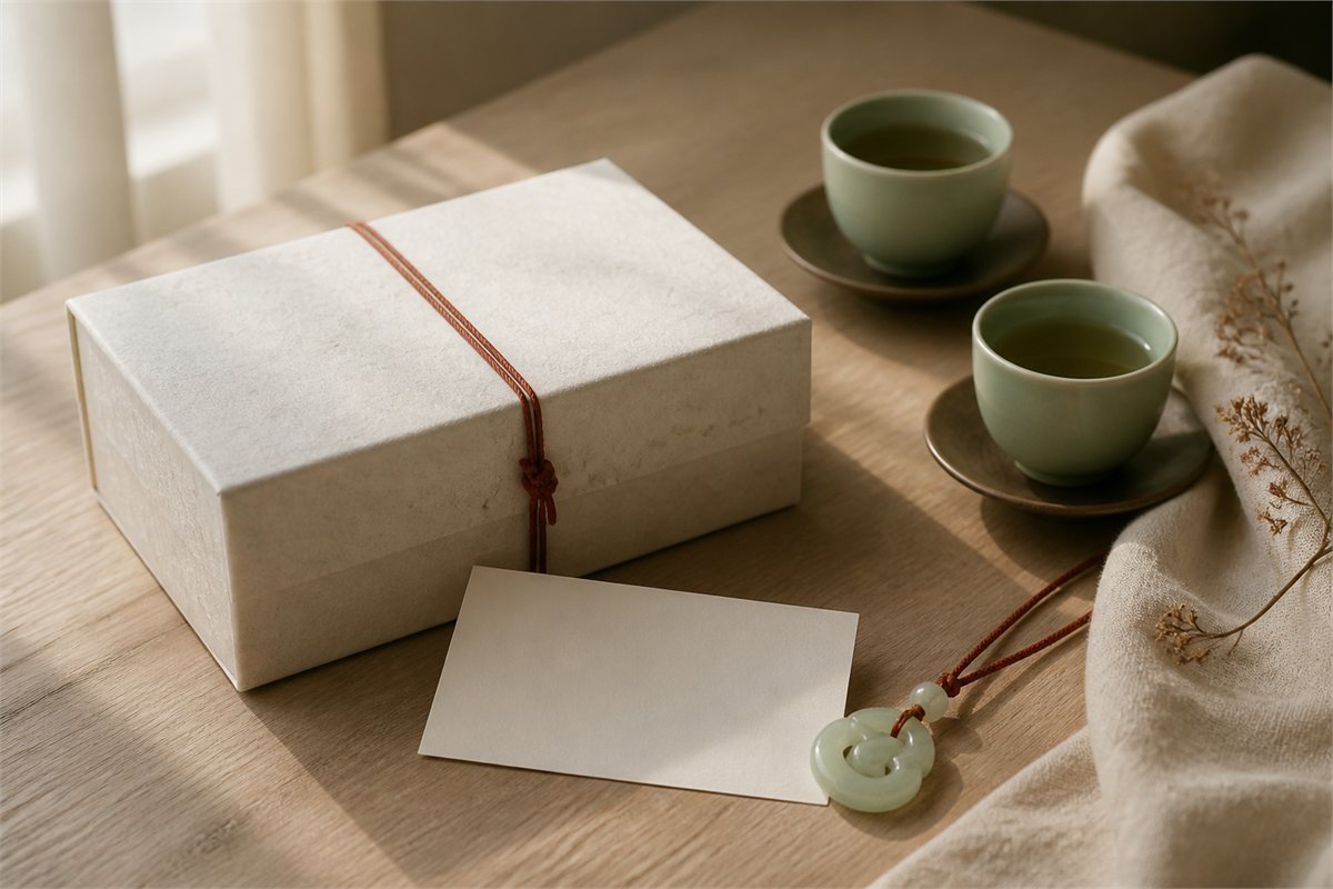 Handmade gift box, blank card, jade pendant, and two tea cups in warm window light