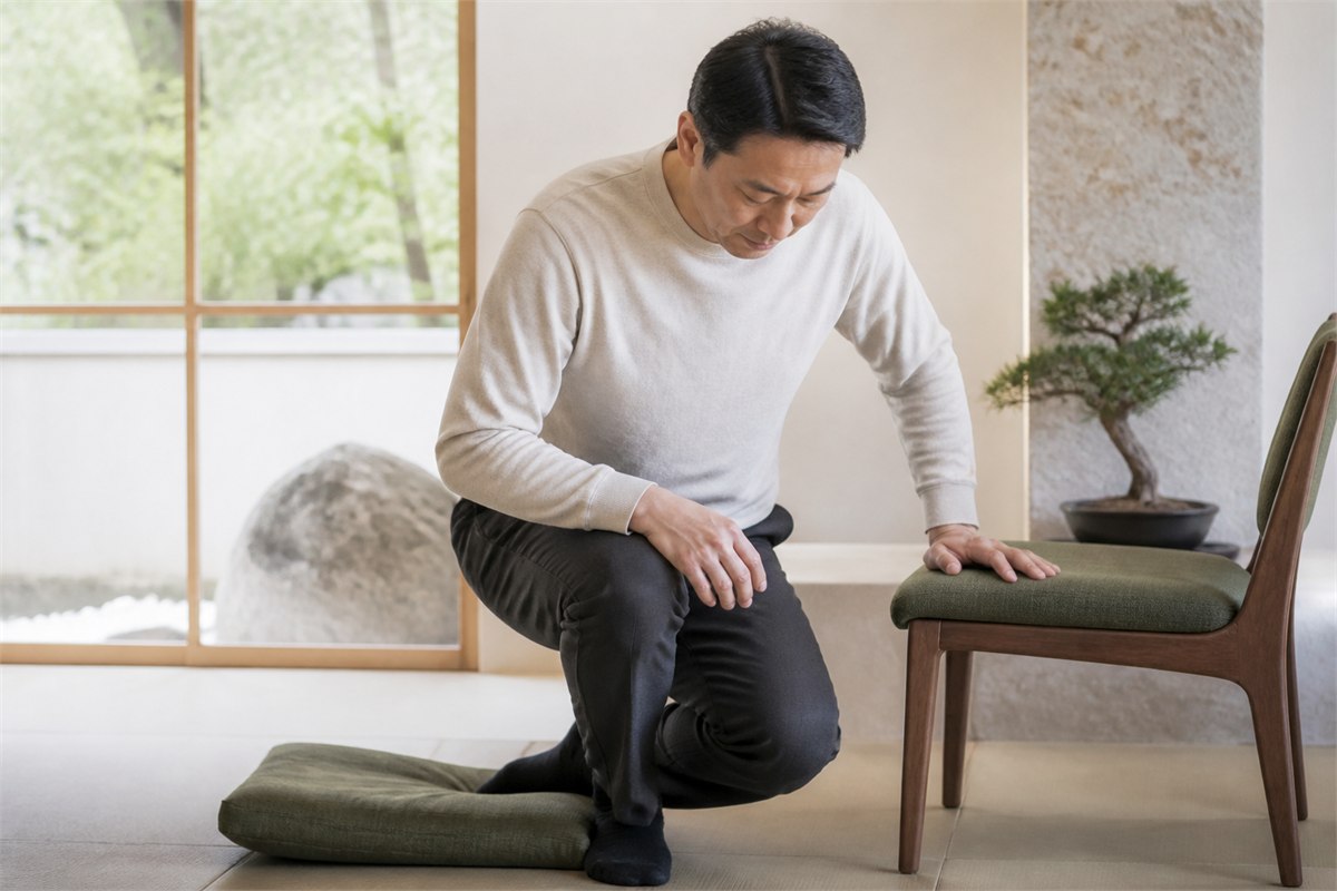 Man using a chair for balance while rising from a cushion in secure relaxed clothing