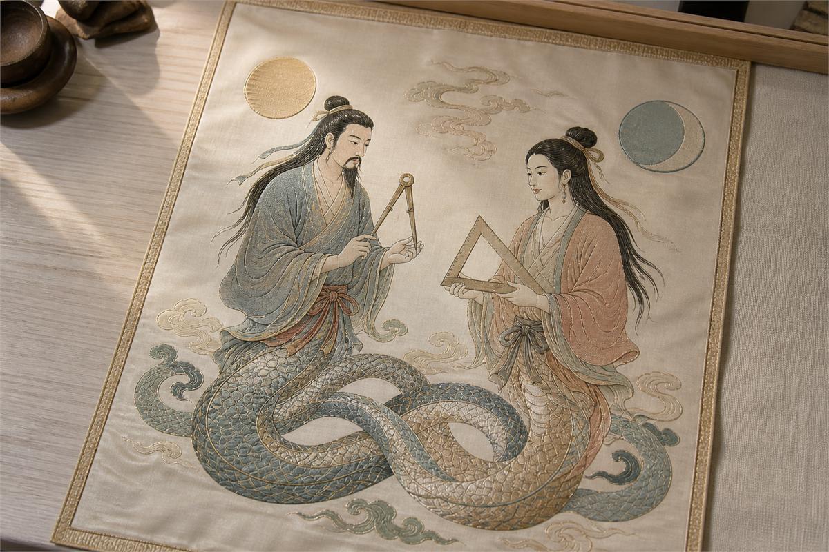 Contemporary silk panel of Fuxi and Nüwa with human upper bodies and intertwined serpent-like tails