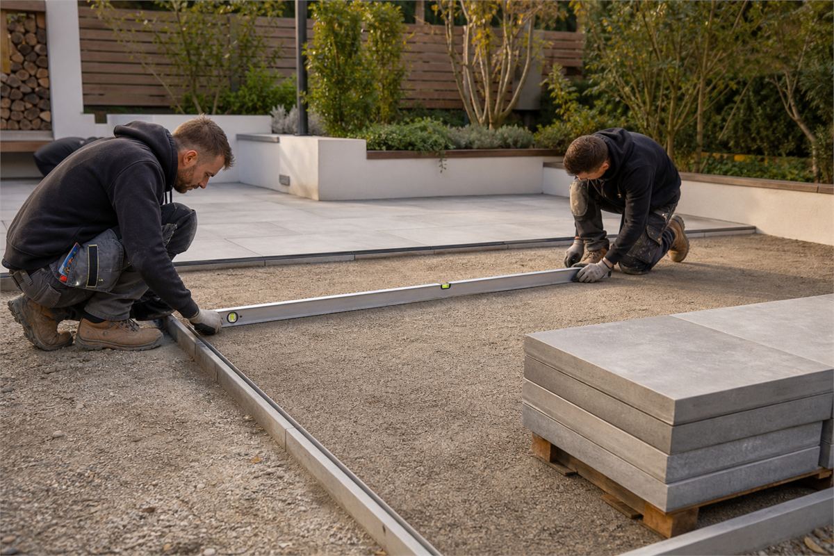 Two installers checking a compacted garden paver base with a long level and edge restraint