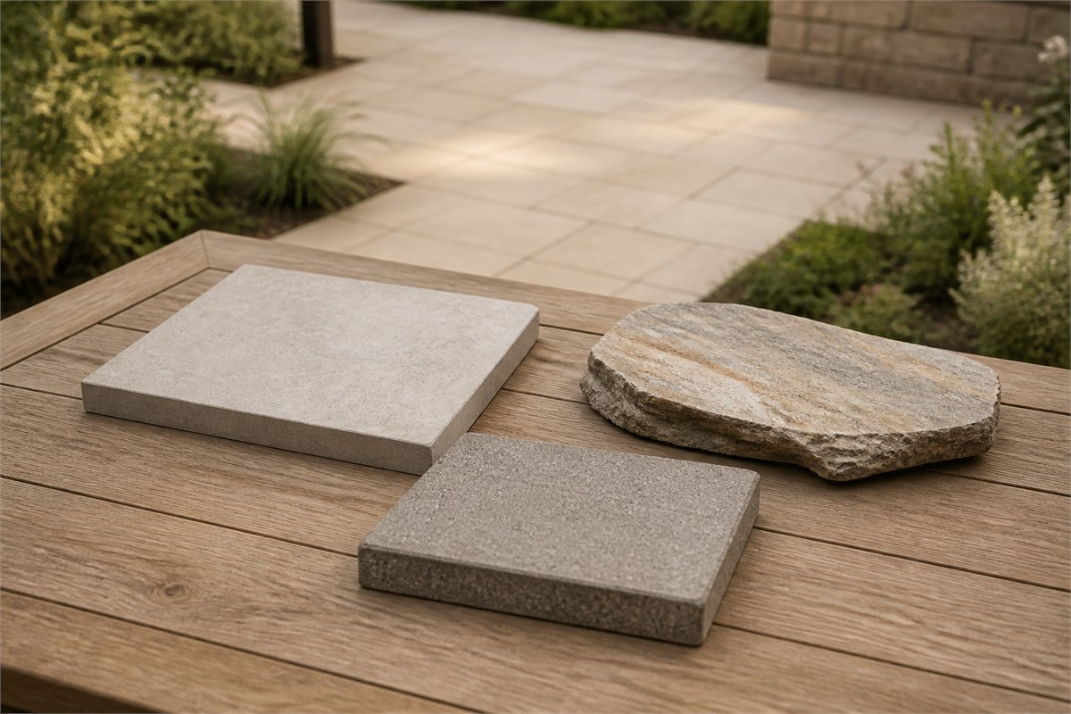 Outdoor porcelain paver, natural quartzite and concrete paver samples on a garden table