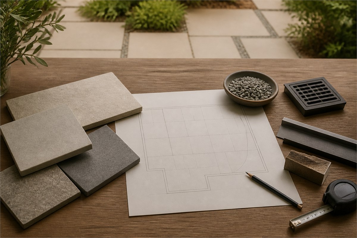 Porcelain samples, blank paving plan, aggregate, drain grate, edge profiles and measuring tape on a table