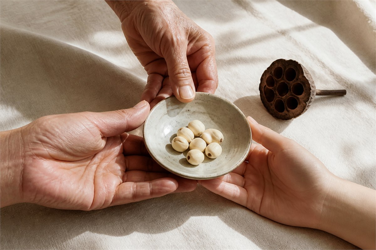 Three adult hands of different ages supporting a dish of lotus seeds beside a dried seedpod