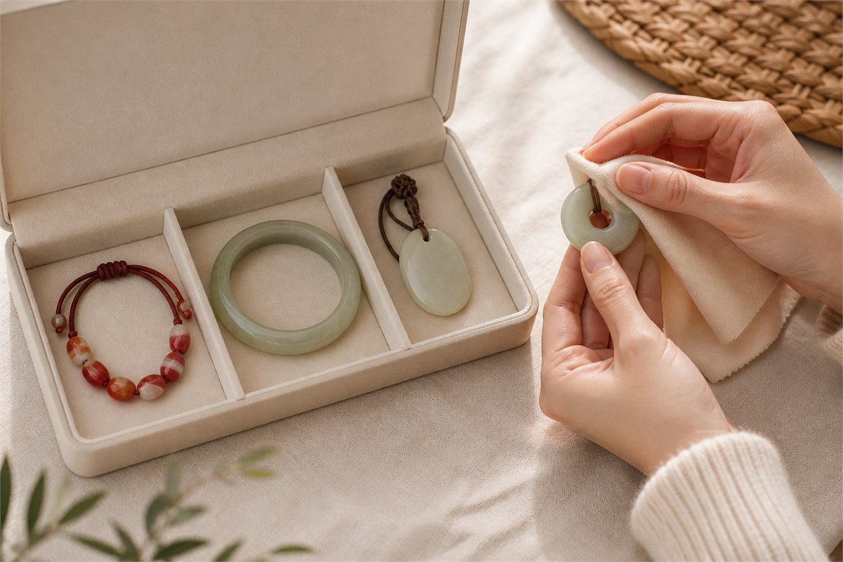 Hands wiping a jade disc pendant with a soft cloth beside separately stored agate bracelet, jade bangle, and nephrite pendant