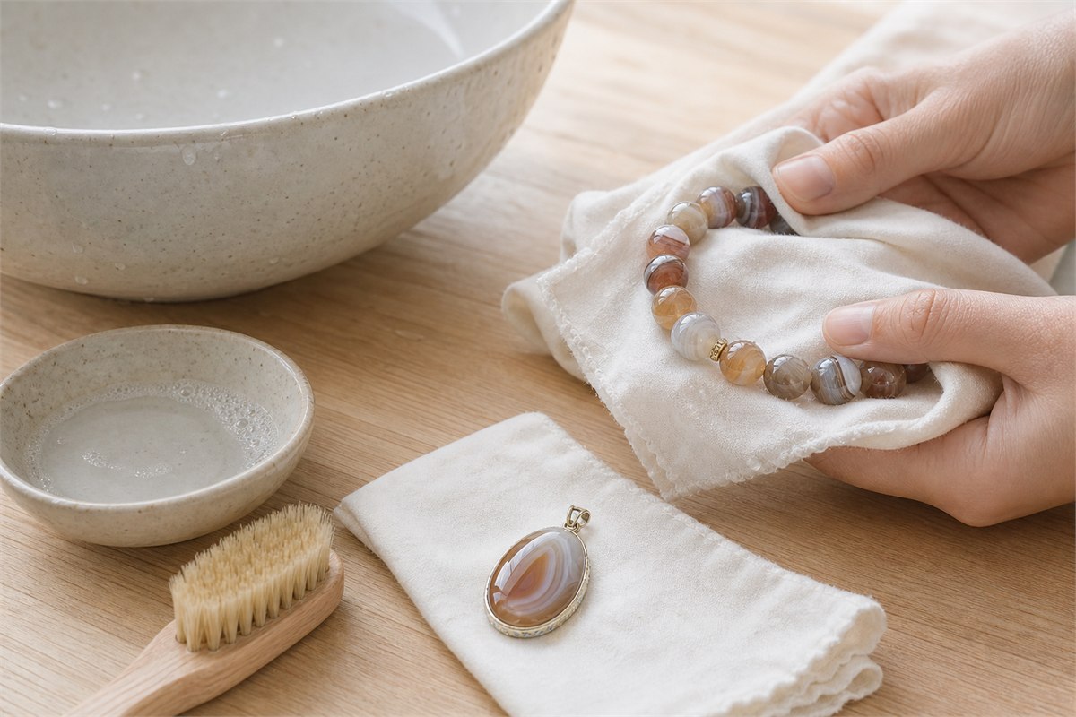 Agate bracelet and pendant beside a soft cloth, a small bowl of mild soapy water, and a dry towel