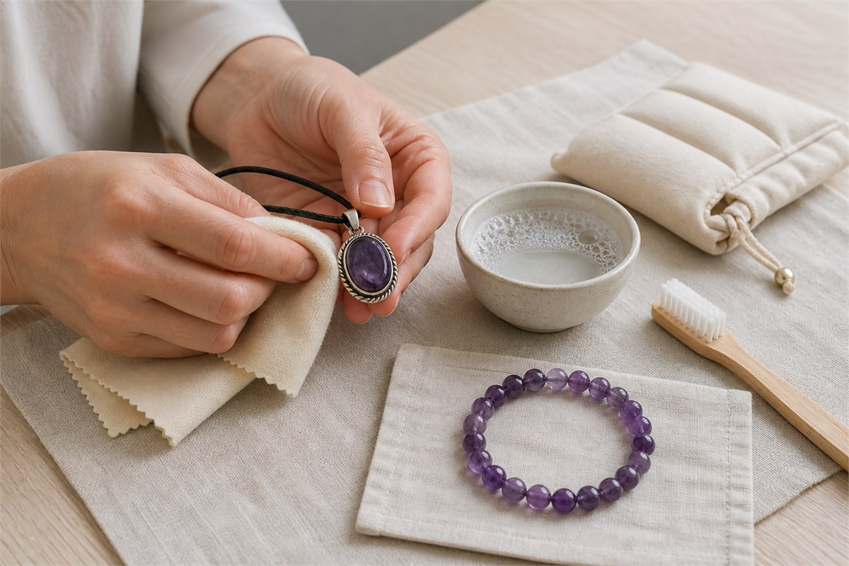 Hands wiping an amethyst pendant with a soft cloth beside mild soapy water, soft brush, bracelet, and padded pouch