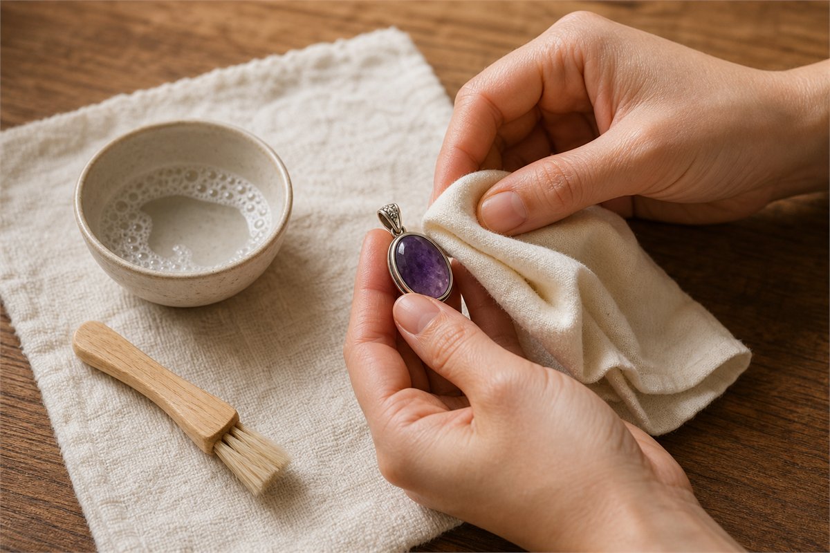 Hands wiping an amethyst pendant with a soft ivory cloth beside a small bowl of mild soapy water