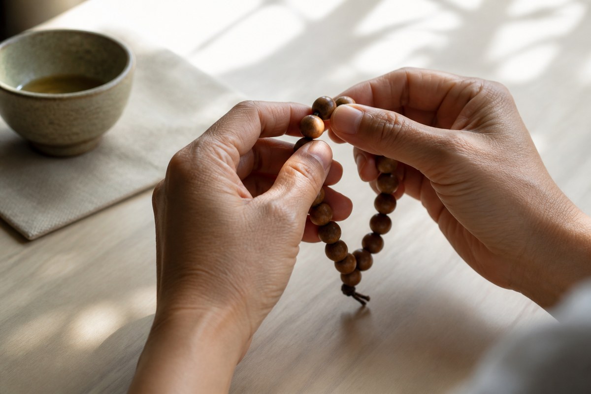 Relaxed adult hands moving one wooden bead at a time on a compact bracelet