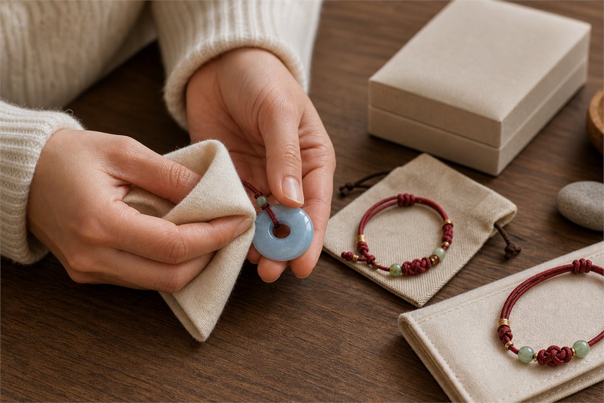 Hands gently wiping a blue-stone pendant with a soft cloth beside dry jewelry pouches