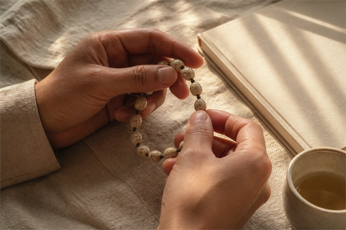 Hands gently moving ivory seed beads beside a book and tea cup