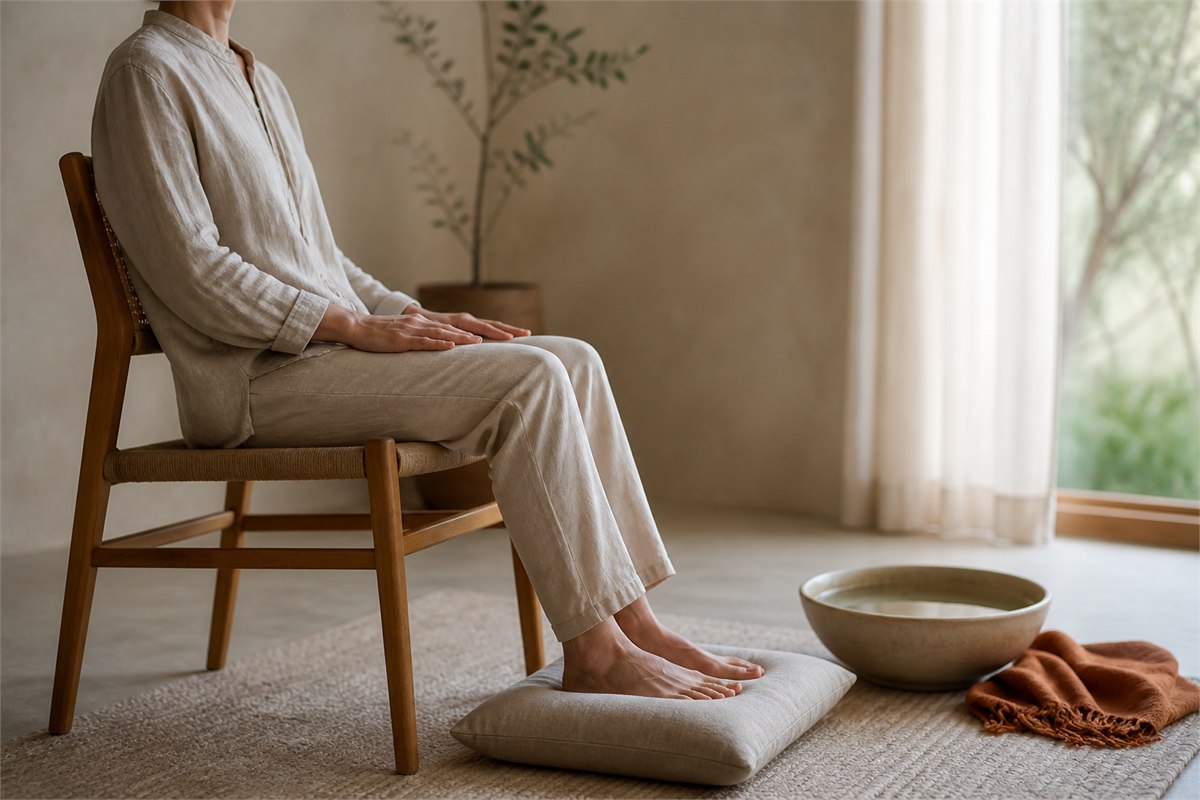 Adult seated comfortably on a wooden chair with feet supported beside a bowl of water and folded orange shawl