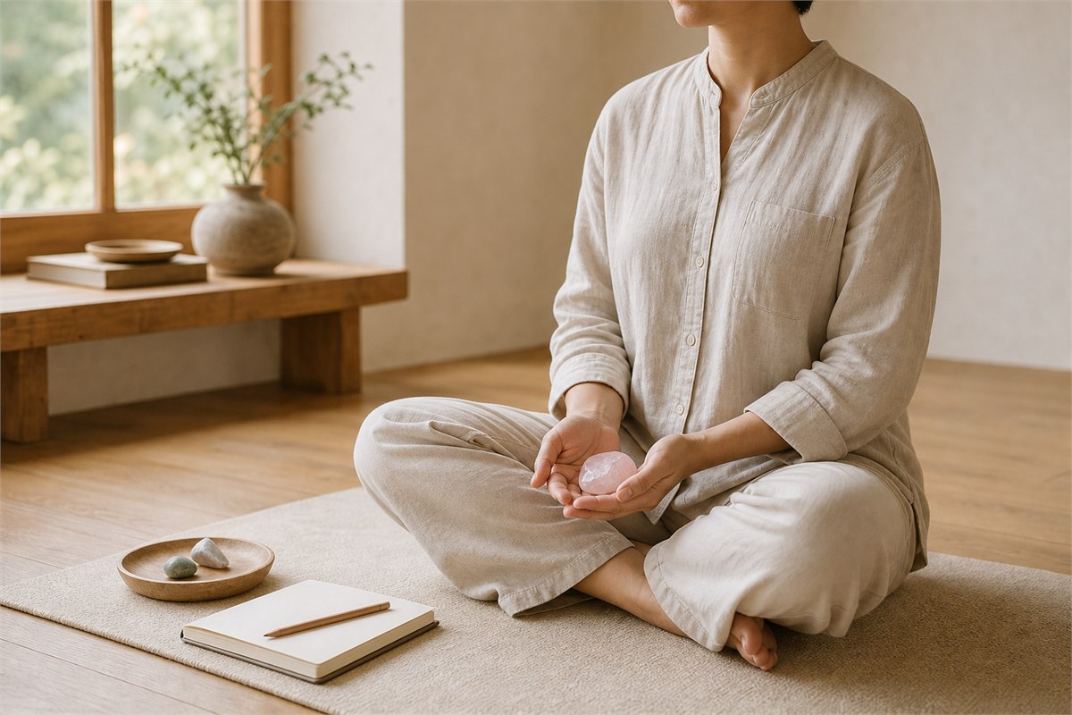 Adult seated comfortably on a yoga mat holding rose quartz loosely over their lap beside a blank journal