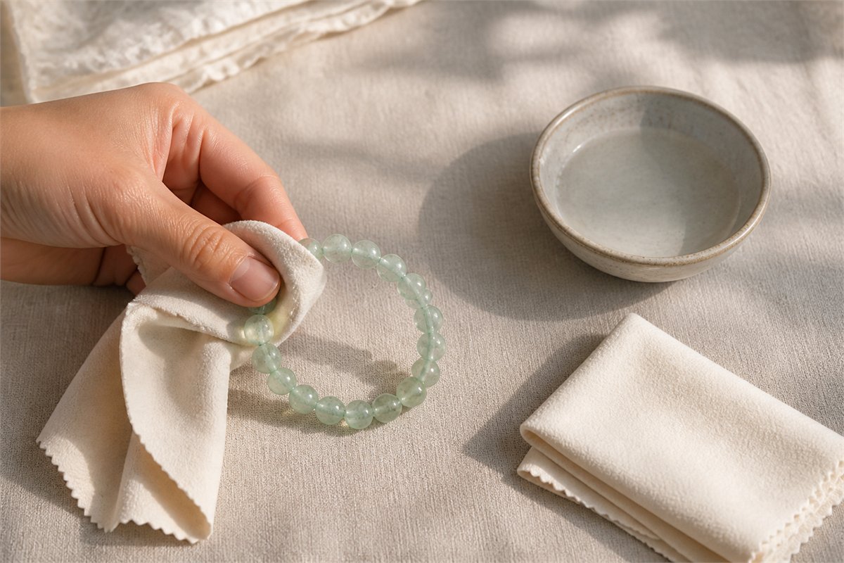 Hand wiping a green bead bracelet with a soft cloth beside a small bowl of water