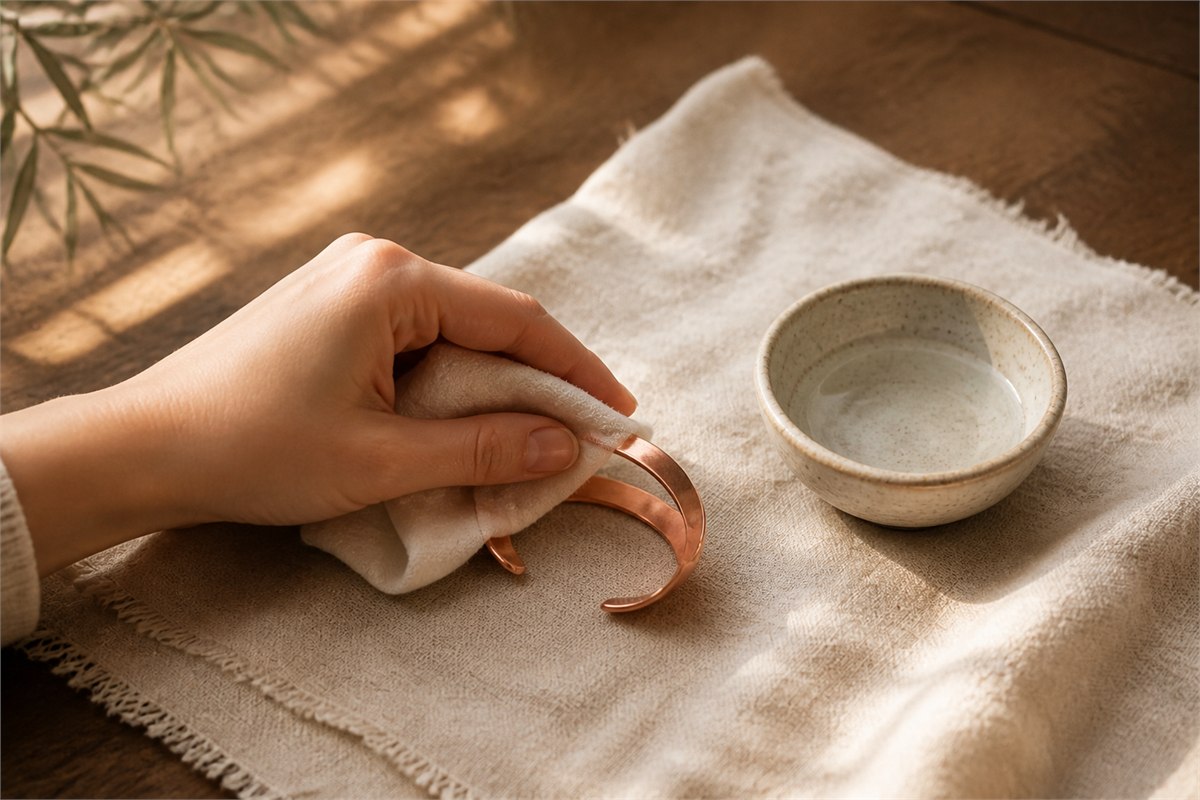 Bare hand drying a modern copper cuff with a soft white cloth beside clean water
