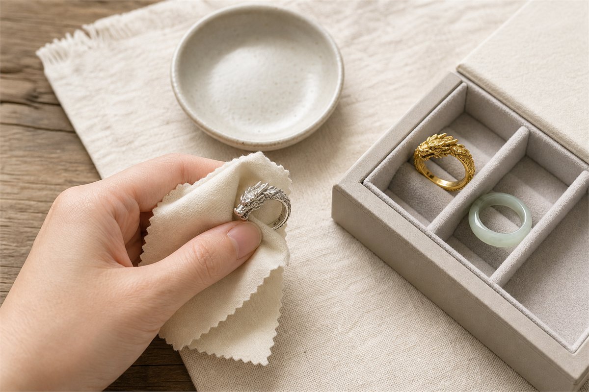 Hand polishing a silver dragon ring beside separately stored gold and nephrite rings