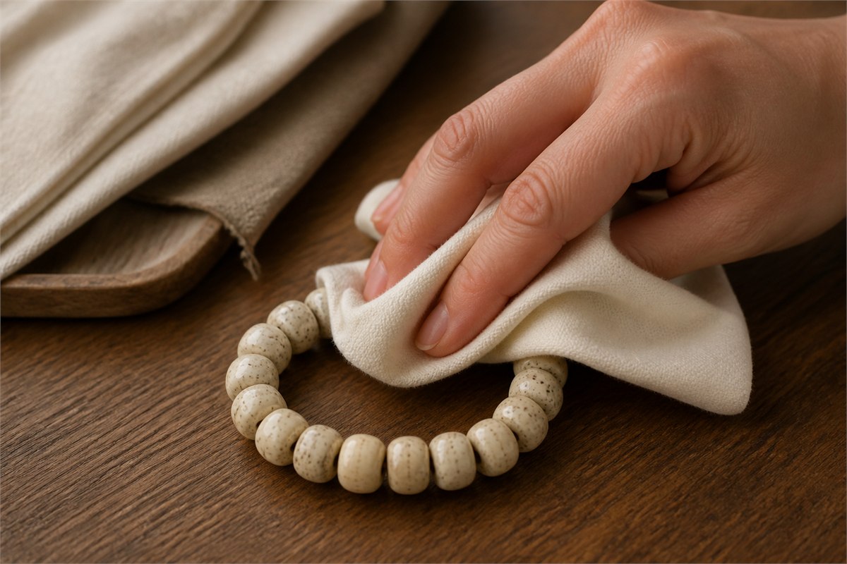 Adult hand wiping a bone bead bracelet with a clean soft dry cloth