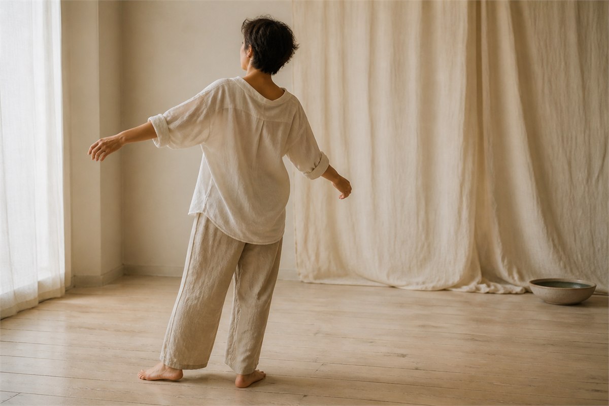 Adult in loose neutral clothing making a small standing sway with both feet grounded in a bright studio